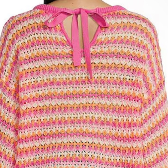 BLU PEPPER: pink white orange crochet stripe sweater w tie back! New! M - Picture 6 of 7